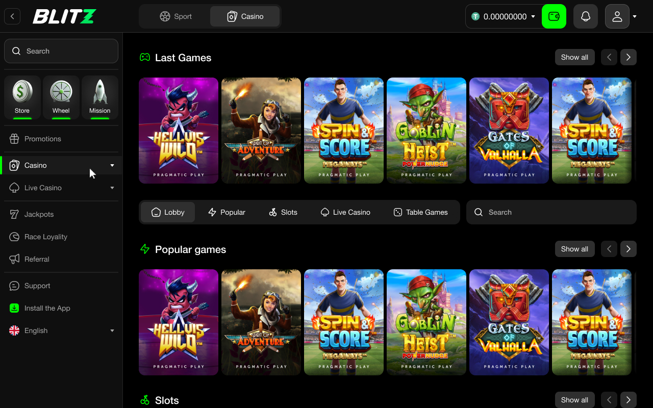 Screenshot of the casino game lobby